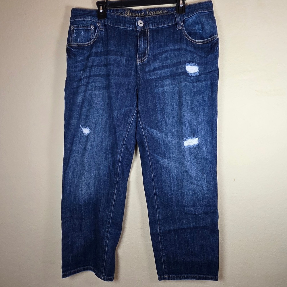 Avenue Jeans Womens 14 Dark Wash Distressed Straight‎ Leg Stretch Denim Blue